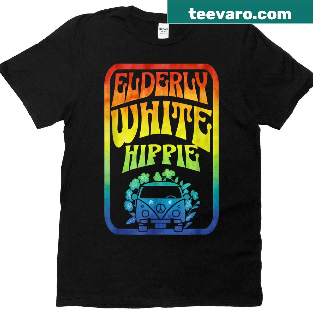 Humorous elderly hippie t-shirt — on a men's t-shirt