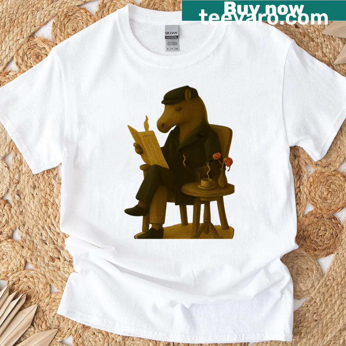 Illustrated T-shirt of a horse at a café with a coffee — on a men's t-shirt