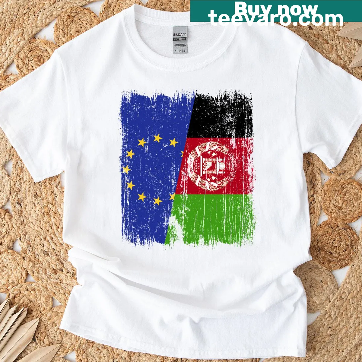 T-shirt with half flag of Afghanistan and European Union emblem — on a men's t-shirt