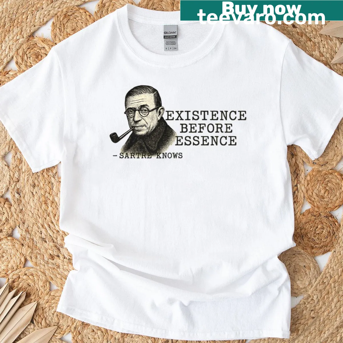Existence Before Essence text t-shirt reflecting Sartre's philosophy — on a men's t-shirt