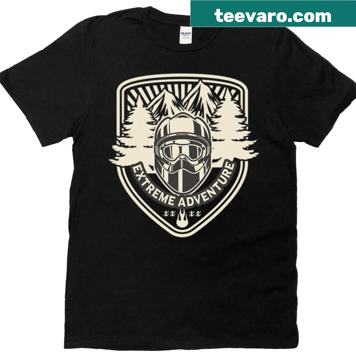 Moto helmet badge graphic T-shirt for adventure enthusiasts — on a men's t-shirt