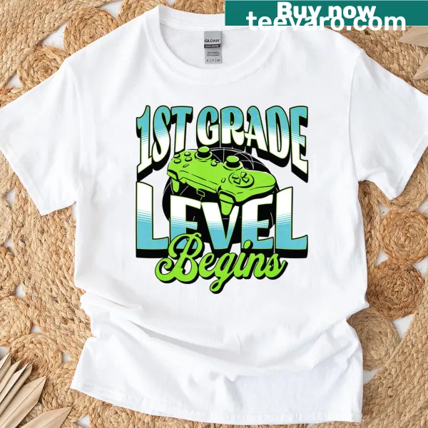 Fun gaming tee for kids with video game controller and first grade theme