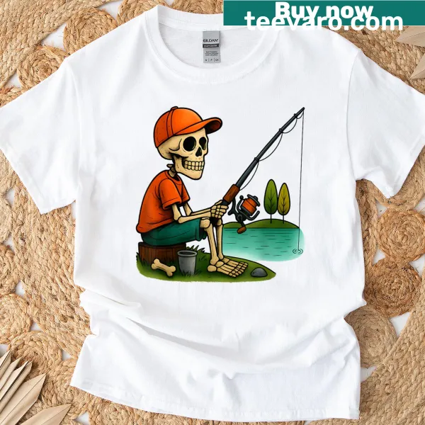 Cartoon T-shirt of a fishing skeleton for kids' Halloween