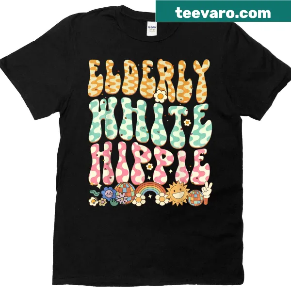 Illustrated T-shirt featuring flowers and a rainbow design.