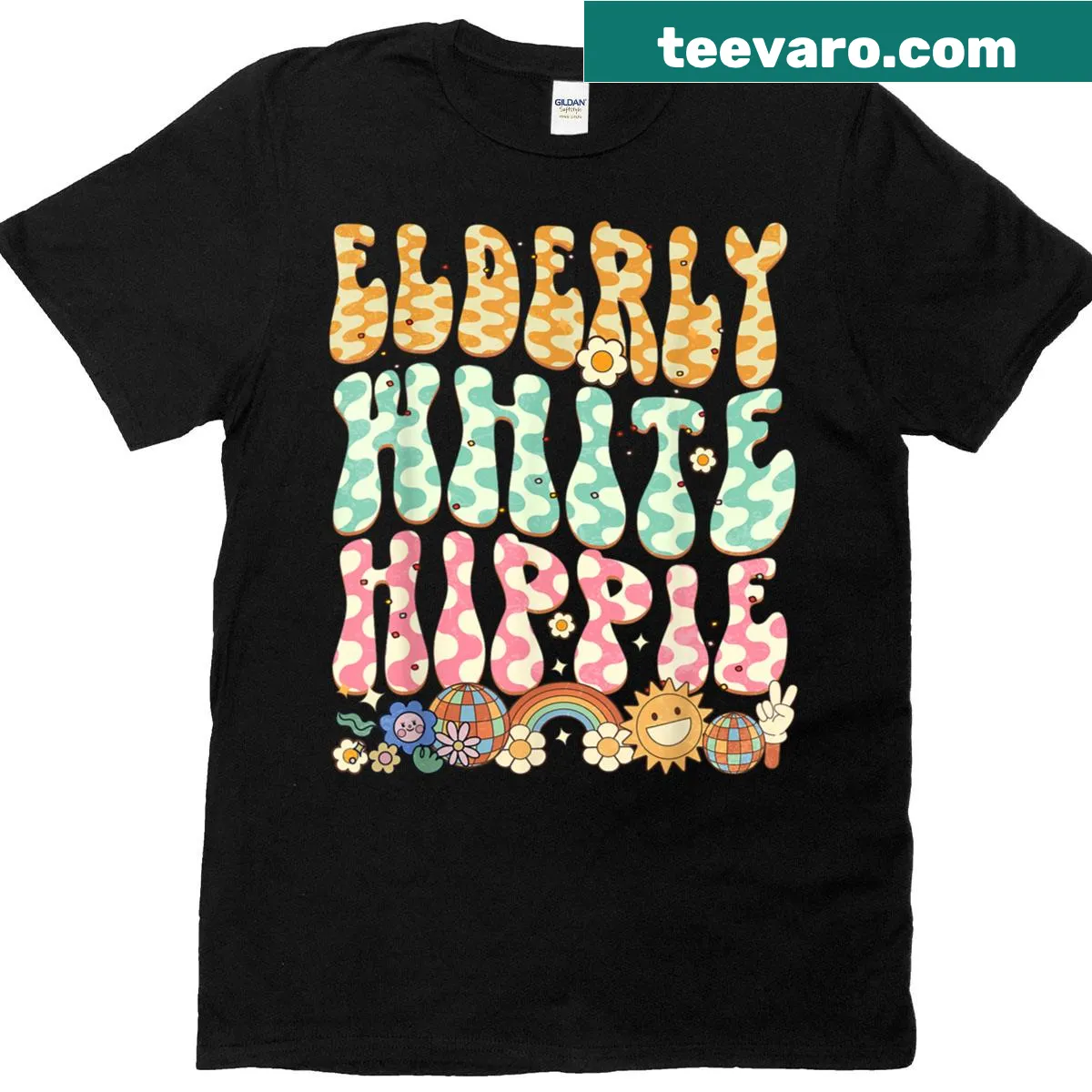 Illustrated T-shirt featuring flowers and a rainbow design. — on a men's t-shirt