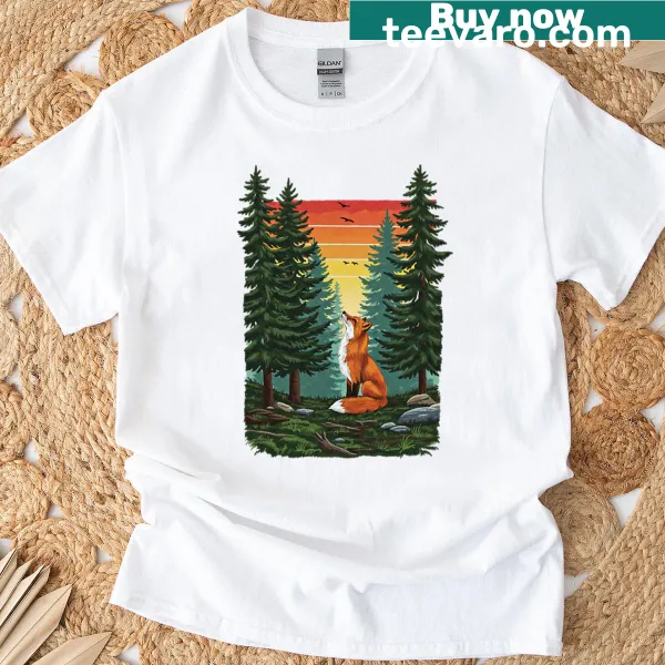 Retro sunset illustration of a fox in a forest setting