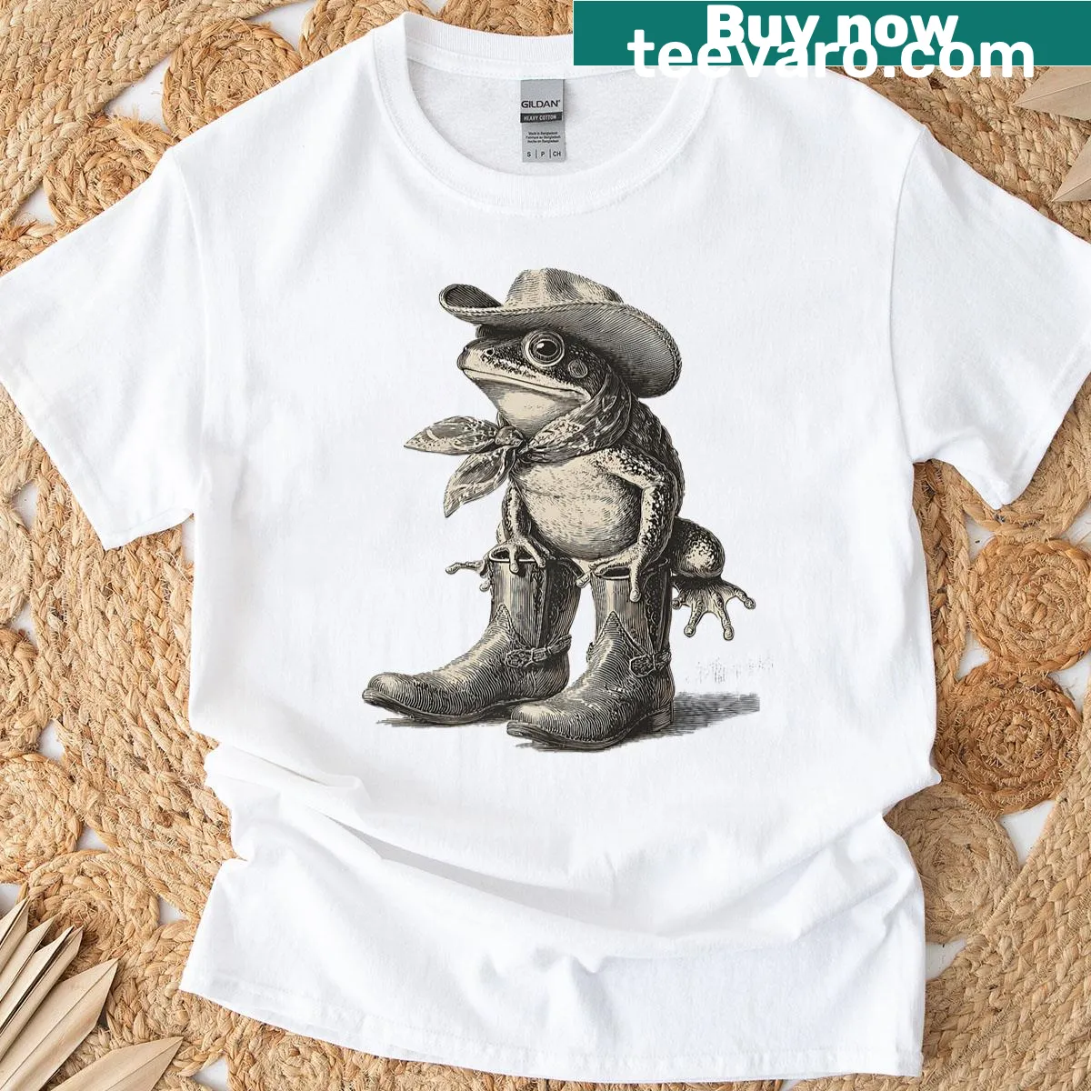 Vintage distressed T-shirt featuring a frog cowboy illustration — on a men's t-shirt