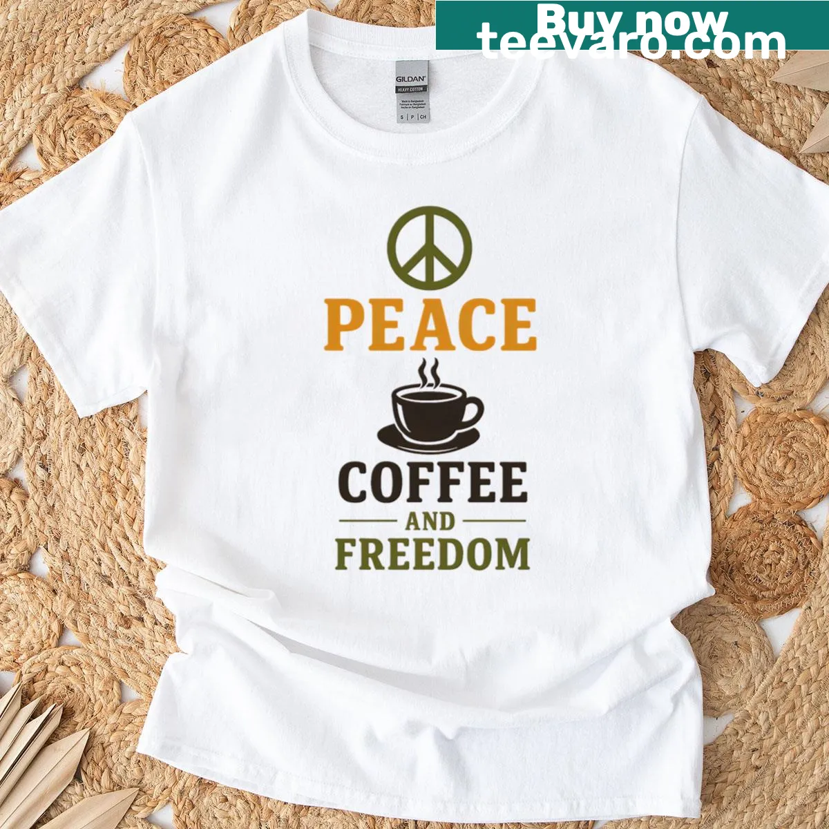 Inspirational coffee-themed shirt with a message about peace and freedom. — on a men's t-shirt