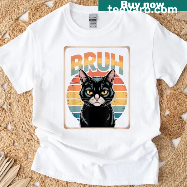 Graphic tee featuring a humorous cat and 'Bruh' text for meme lovers