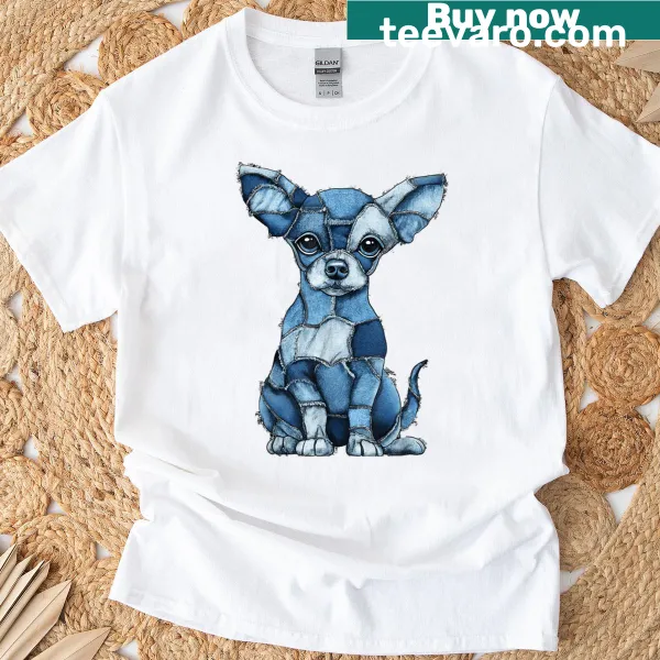 Denim patchwork graphic T-shirt featuring a funny chihuahua design