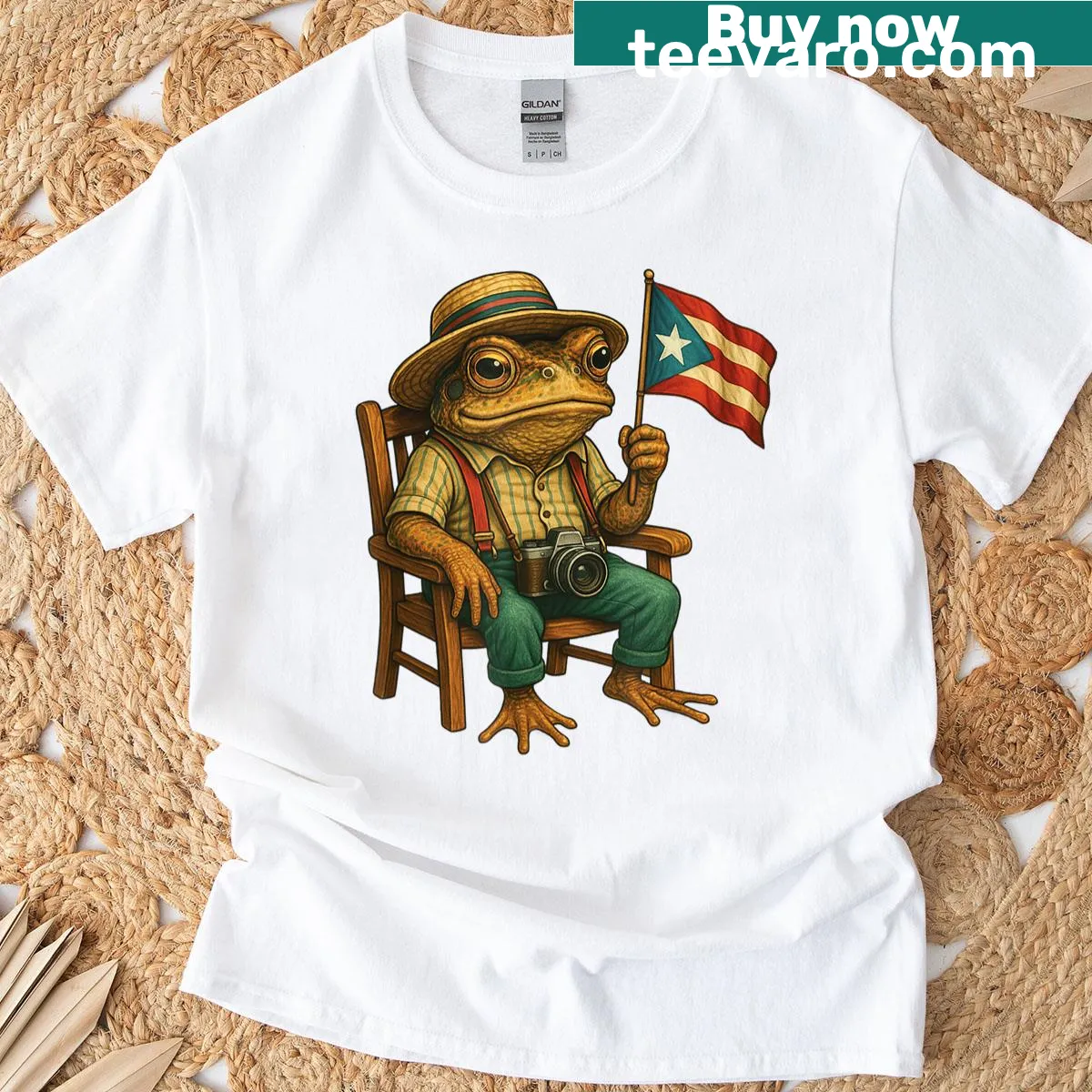 Illustrated coqui frog with Puerto Rico flag for cultural pride — on a men's t-shirt