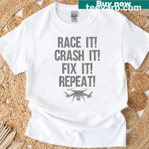 Drone-themed t-shirt with illustrations and humorous text