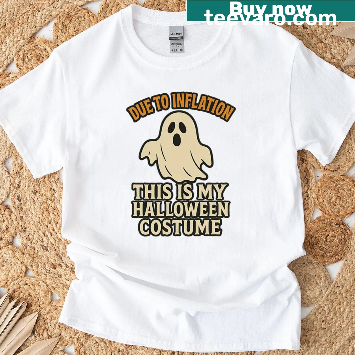 Minimalist ghost design with text referencing inflation for Halloween — on a men's t-shirt