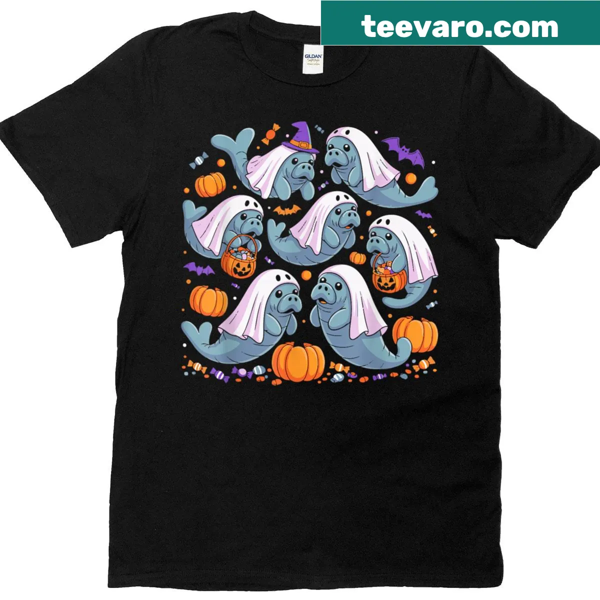 Manatee in pumpkin costume with witch hat Halloween shirt — on a men's t-shirt