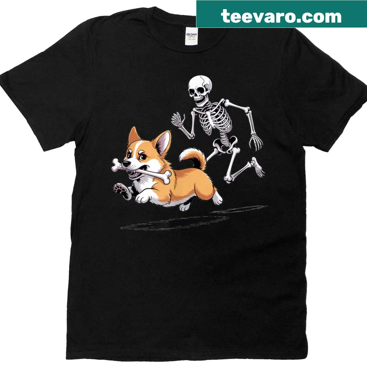 Cartoon skeleton chasing a corgi design for Halloween dog lovers — on a men's t-shirt