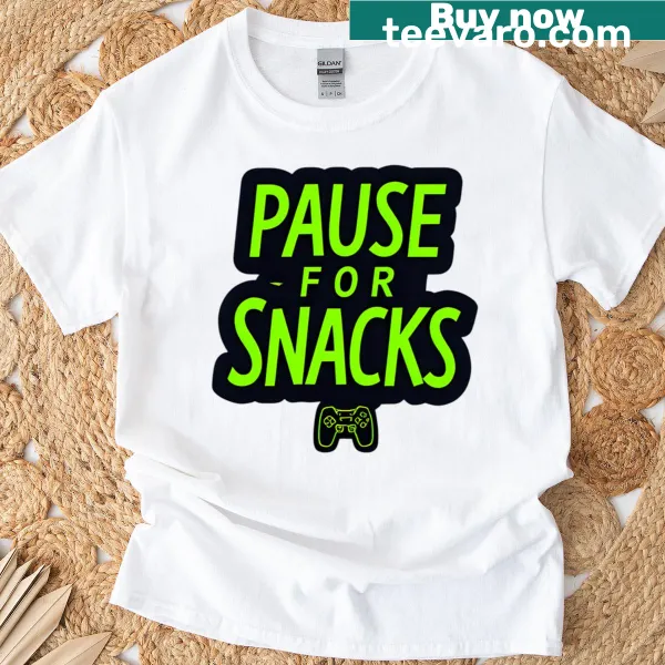Retro pixel art t-shirt with 'Pause For Snacks' text