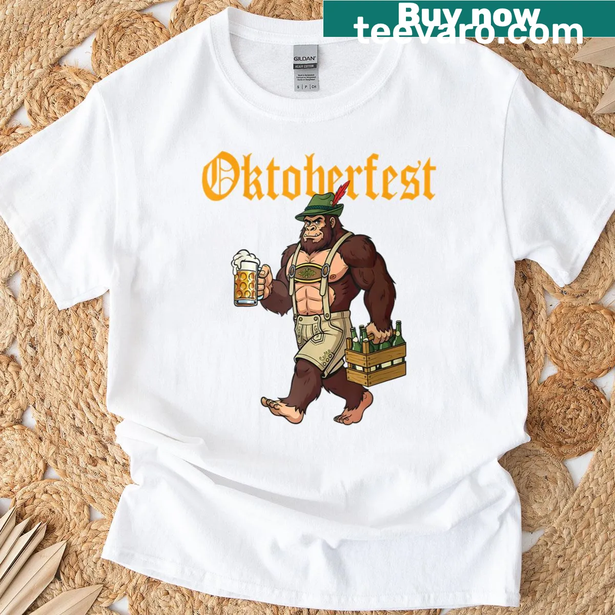 Funny Sasquatch Oktoberfest T-shirt with beer stein illustration — on a men's t-shirt