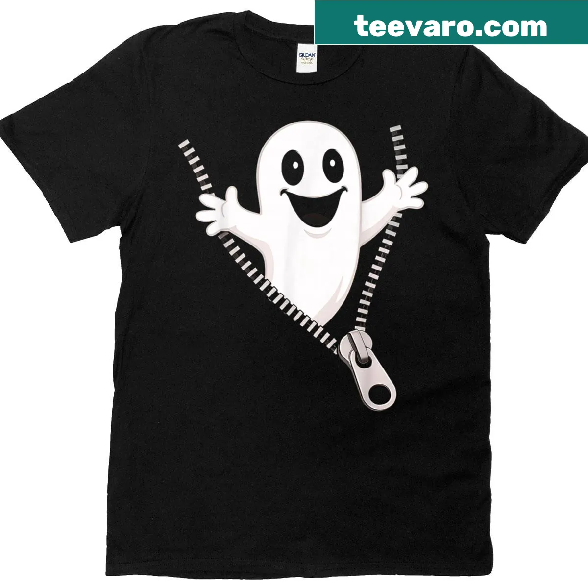 Funny Halloween t-shirt with ghost emerging from zipper — on a men's t-shirt