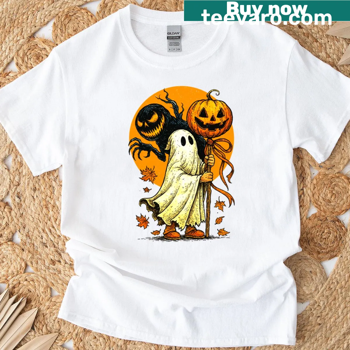 Vintage-style shirt with ghost pumpkin illustration for Halloween — on a men's t-shirt