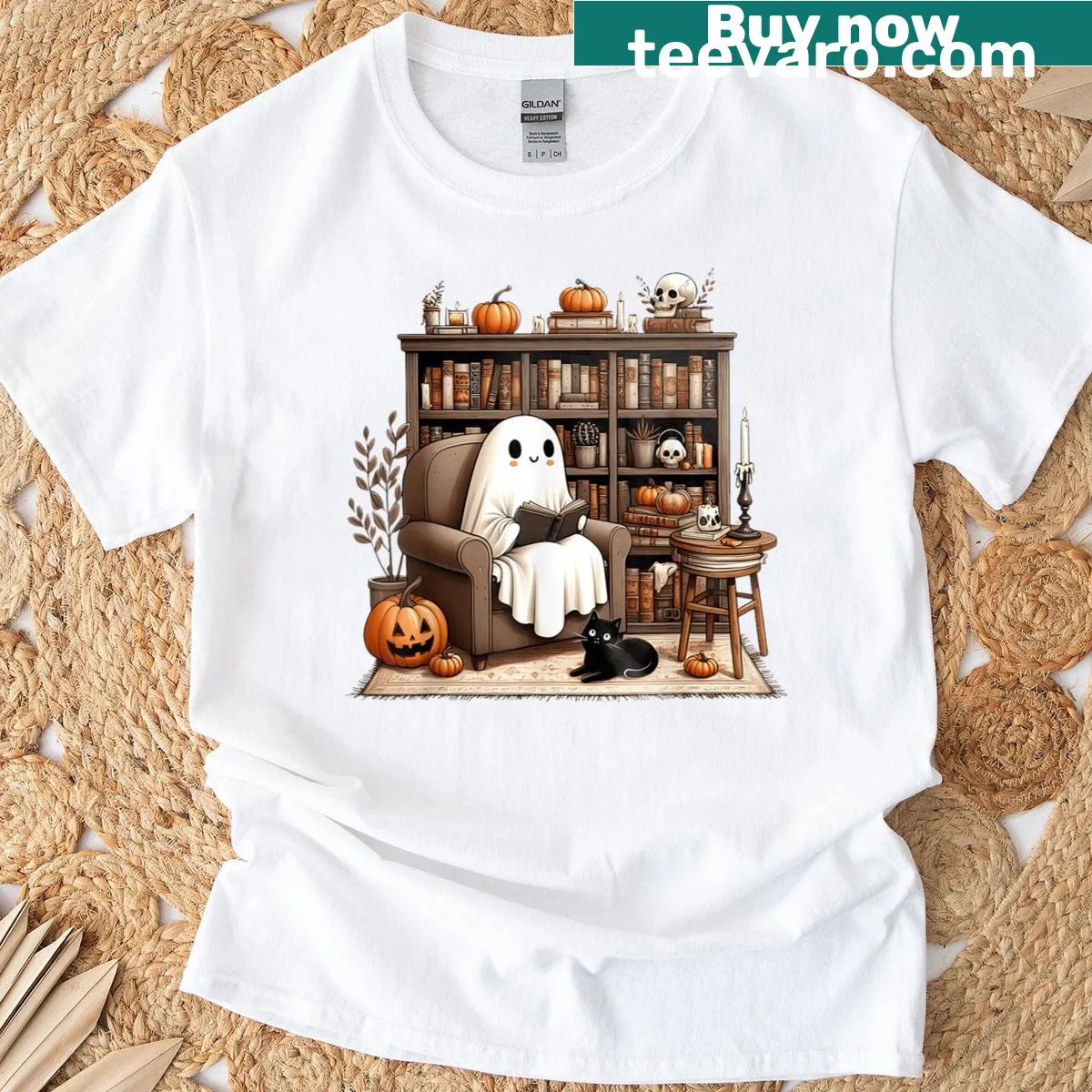 Cute ghost reading a book with floating pages design — on a men's t-shirt