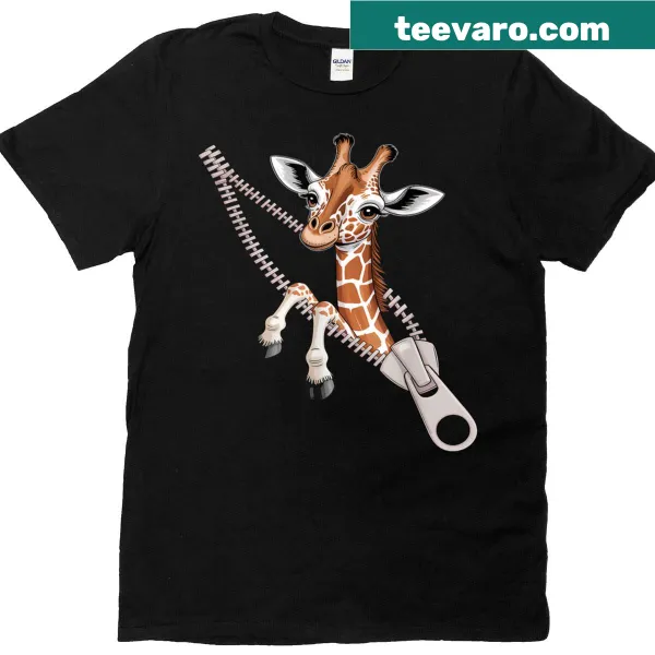 Funny t-shirt with a giraffe graphic emerging from a zipper