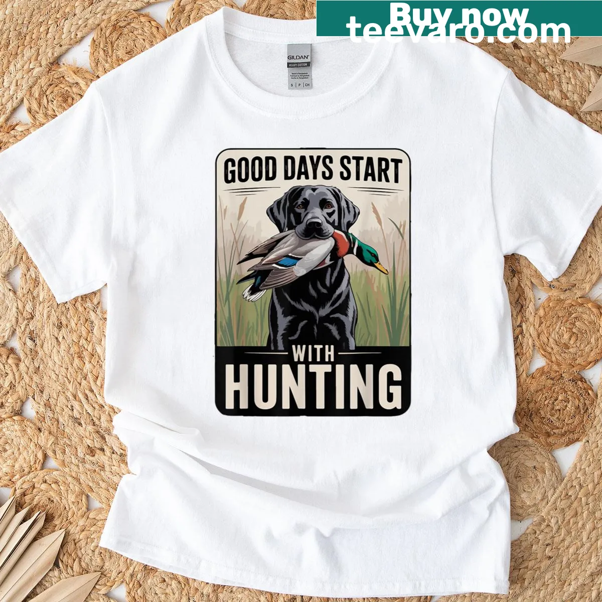 Illustration of a dog ready for duck hunting, celebrating outdoor adventures — on a men's t-shirt