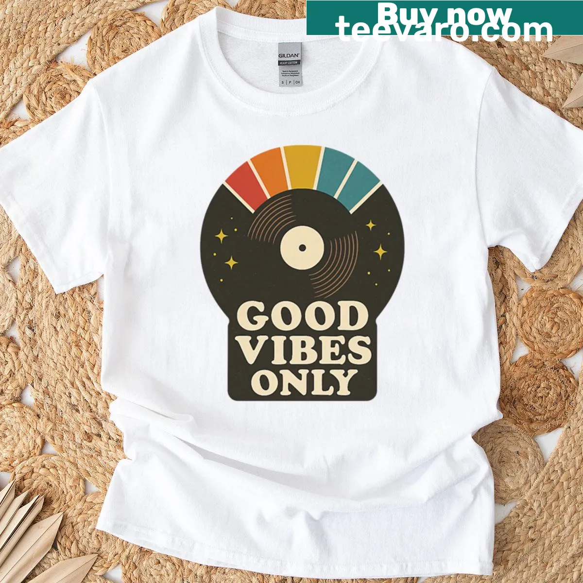 Retro shirt with vinyl record and 'Good Vibes Only' text — on a men's t-shirt