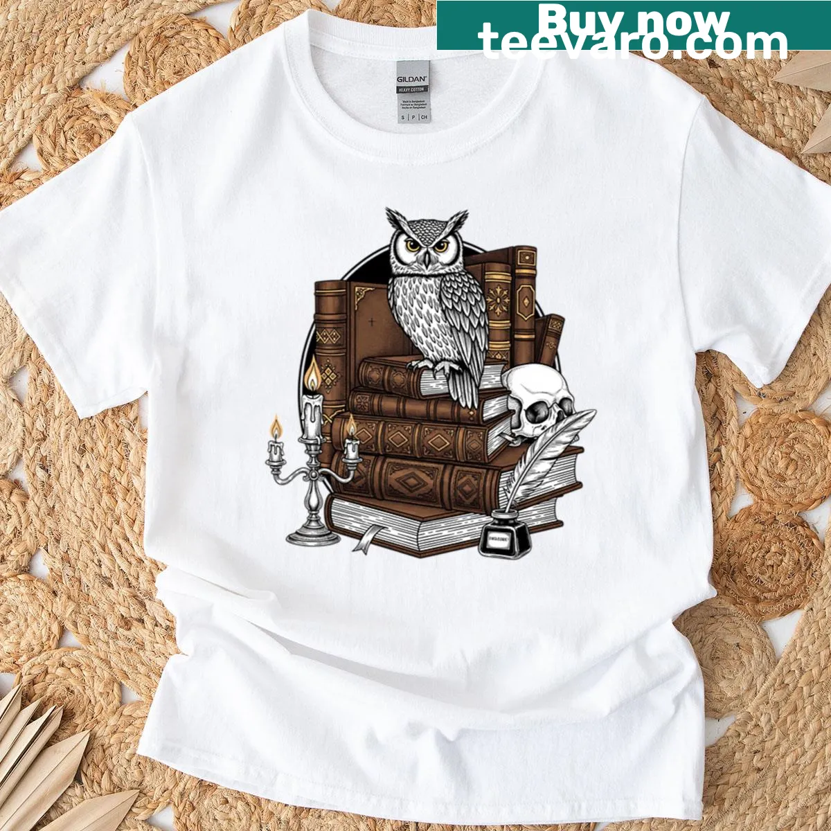 Gothic owl illustration with books, capturing academia and candlelight — on a men's t-shirt