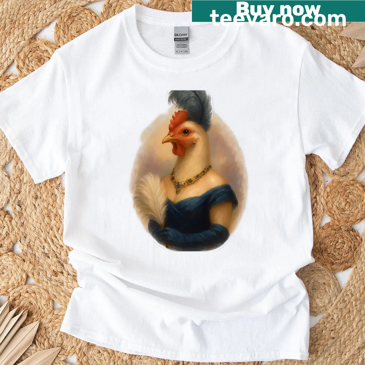 Whimsical illustration of hens at an opera gala on a t-shirt — on a men's t-shirt