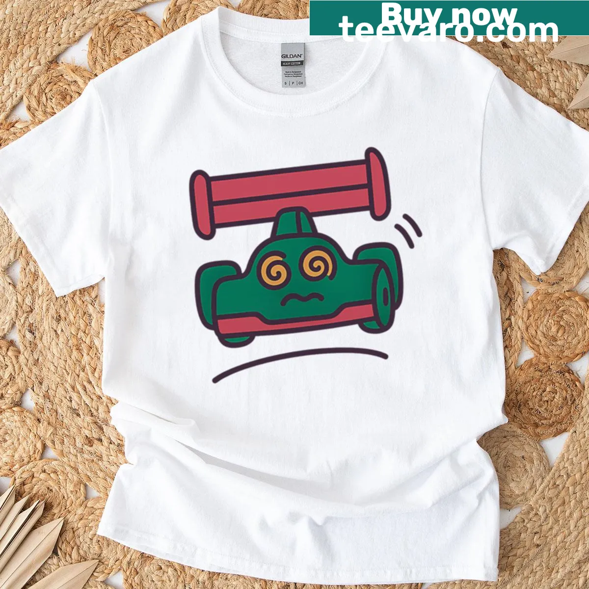 Illustrative t-shirt inspired by Formula 1 racing with dynamic graphics — on a men's t-shirt