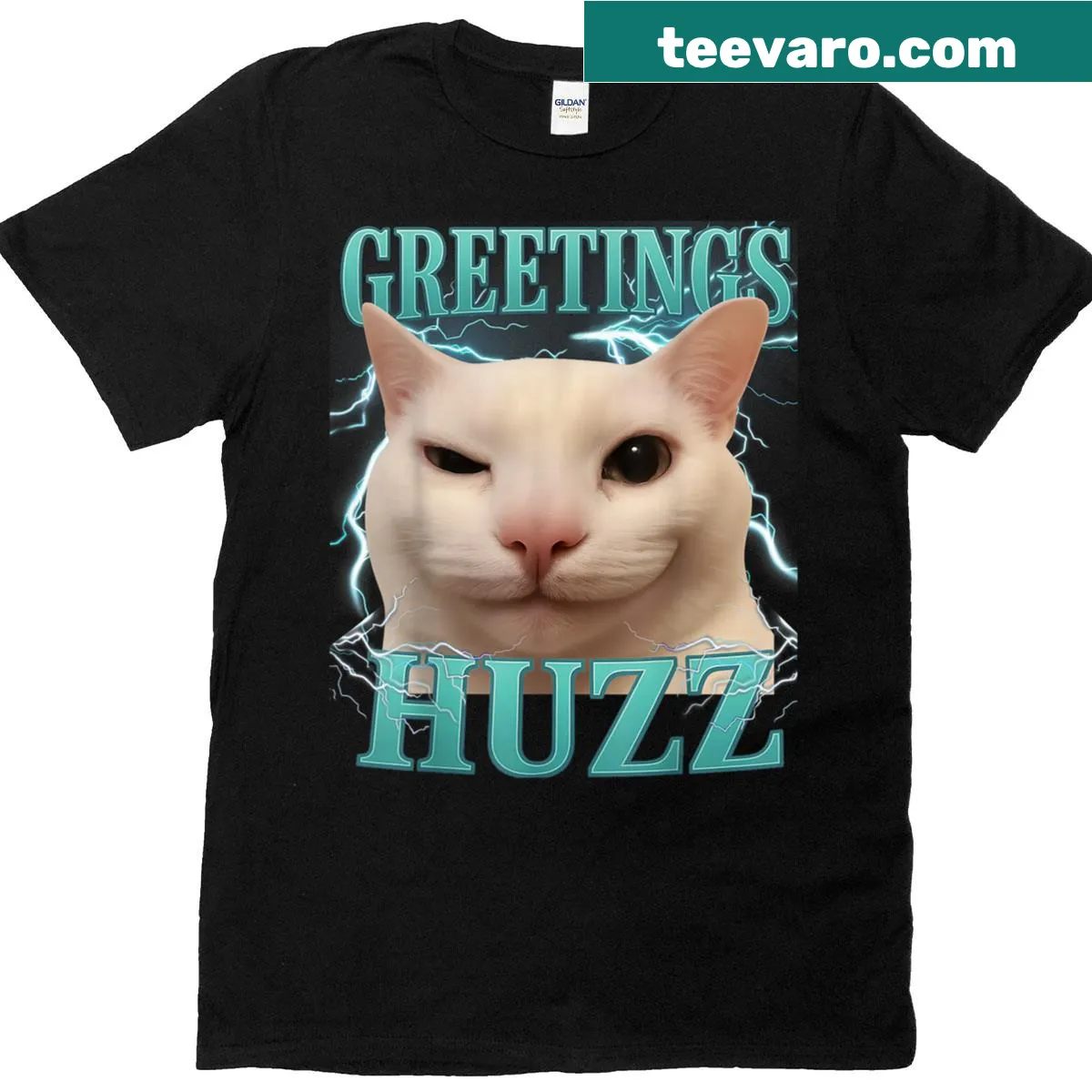 Funny cat meme graphic t-shirt with the phrase Greetings Huzz — on a men's t-shirt