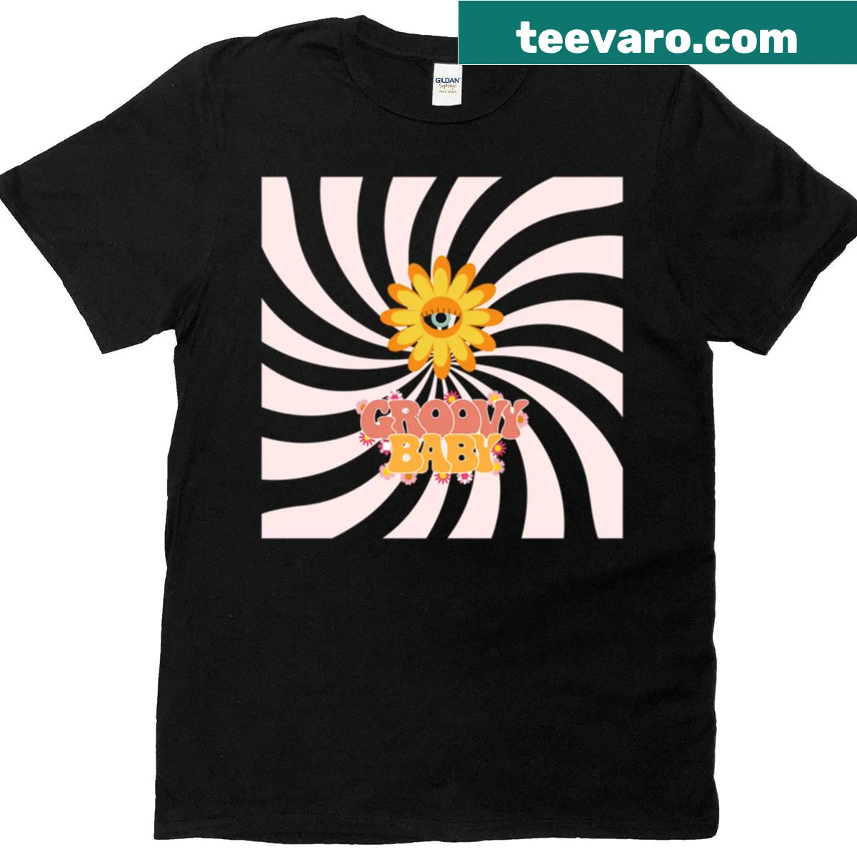 Retro 70s flower power t-shirt with psychedelic eye design — on a men's t-shirt