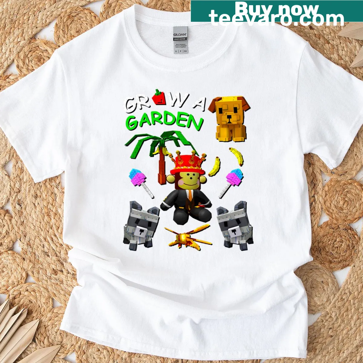 T-shirt with a playful monkey design in a candy blossom garden. — on a men's t-shirt