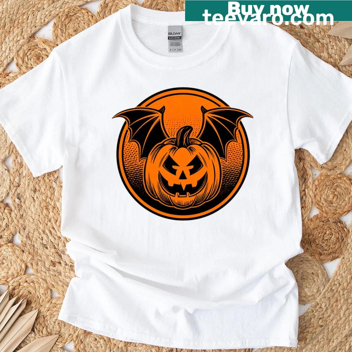 Playful t-shirt featuring a jack-o-lantern with bat wings for Halloween — on a men's t-shirt