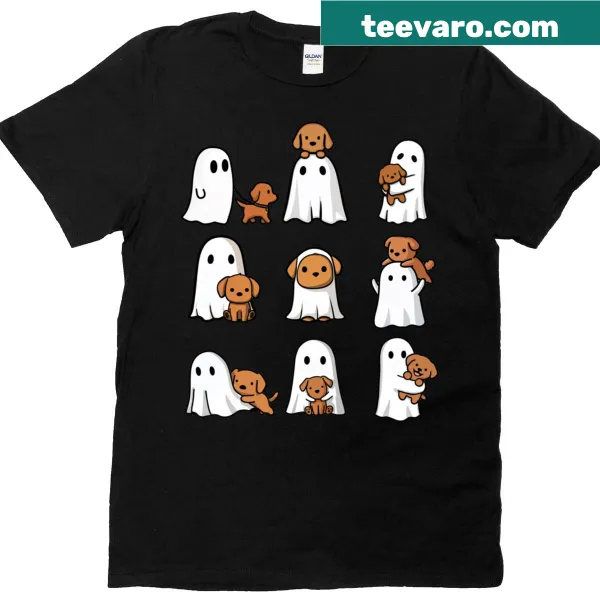 Retro Halloween t-shirt featuring cute ghost dogs and puppies