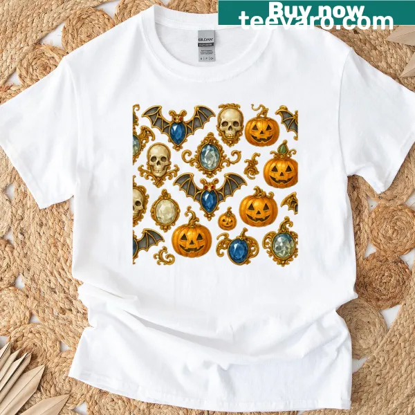 T-shirt featuring gemstone skulls, pumpkins, and bats for Halloween