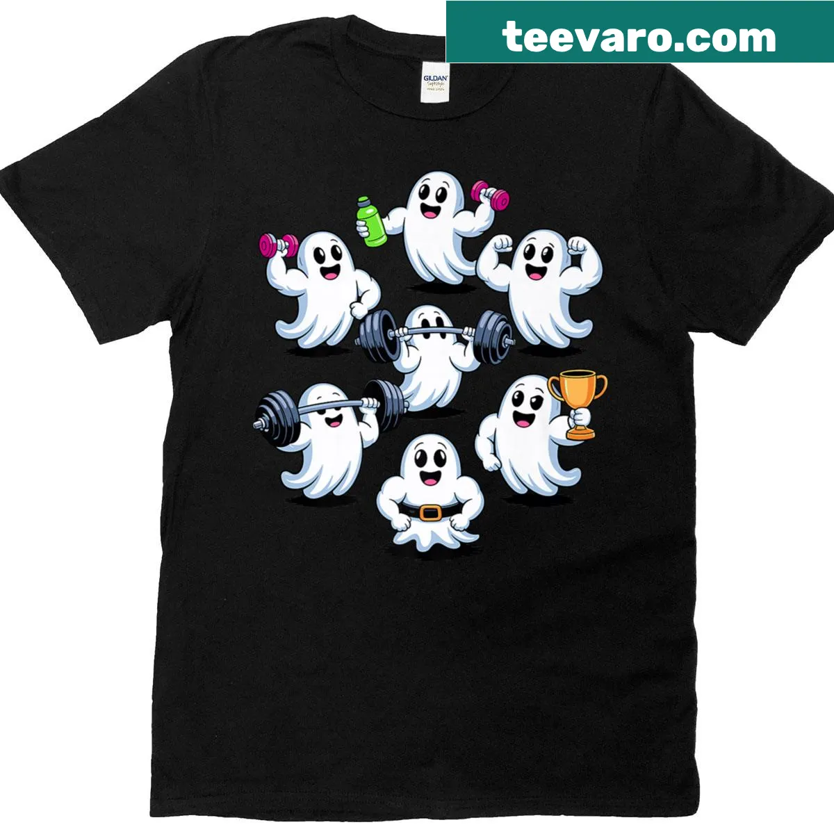 Halloween-themed T-shirt with ghosts lifting weights — on a men's t-shirt