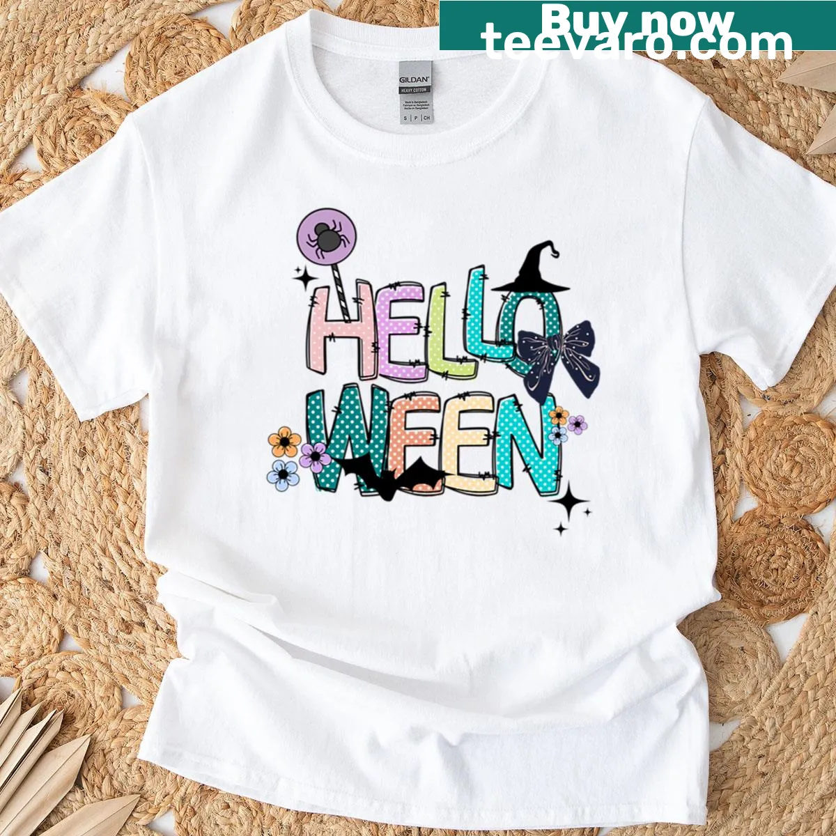 Playful cartoon ghosts scattered on a Halloween-themed T-shirt — on a men's t-shirt