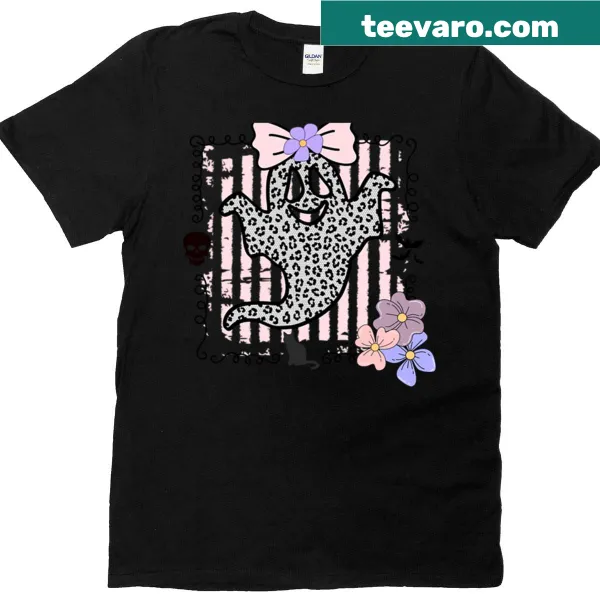 Whimsical Halloween t-shirt featuring cheerful ghosts and ribbons