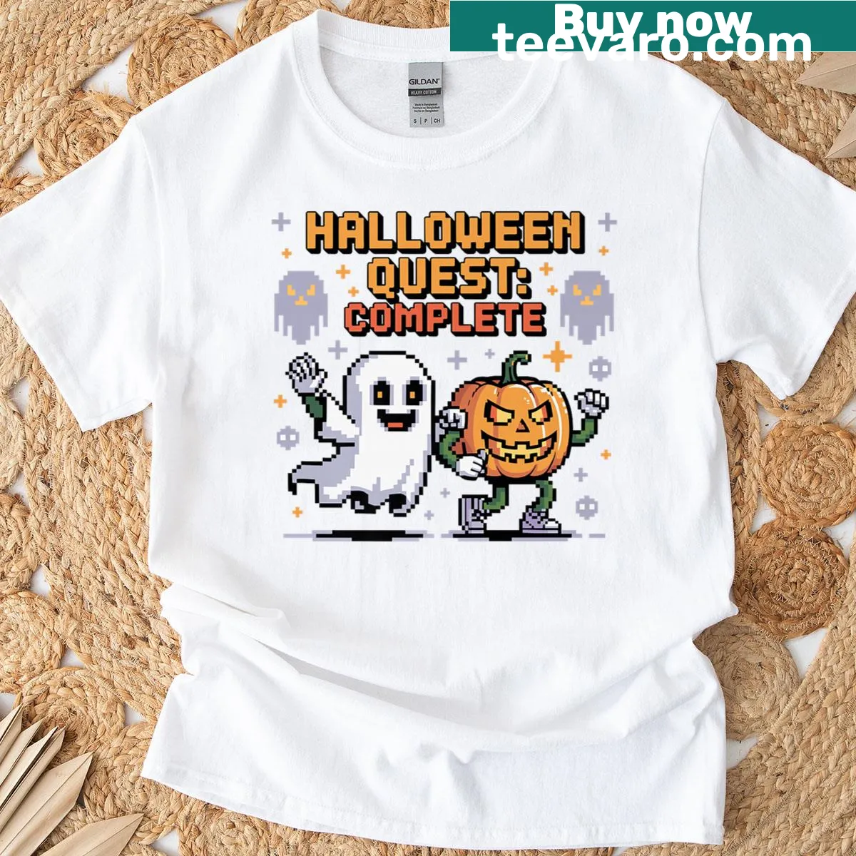 Halloween-themed T-shirt with 'Halloween Quest Complete' for gamers — on a men's t-shirt