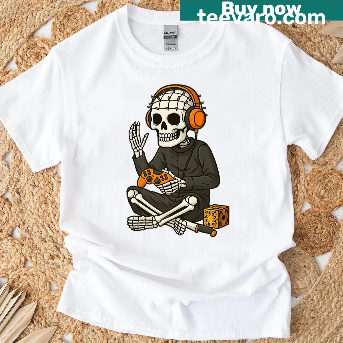Skeleton gamer graphic on a Halloween-themed tee — on a men's t-shirt