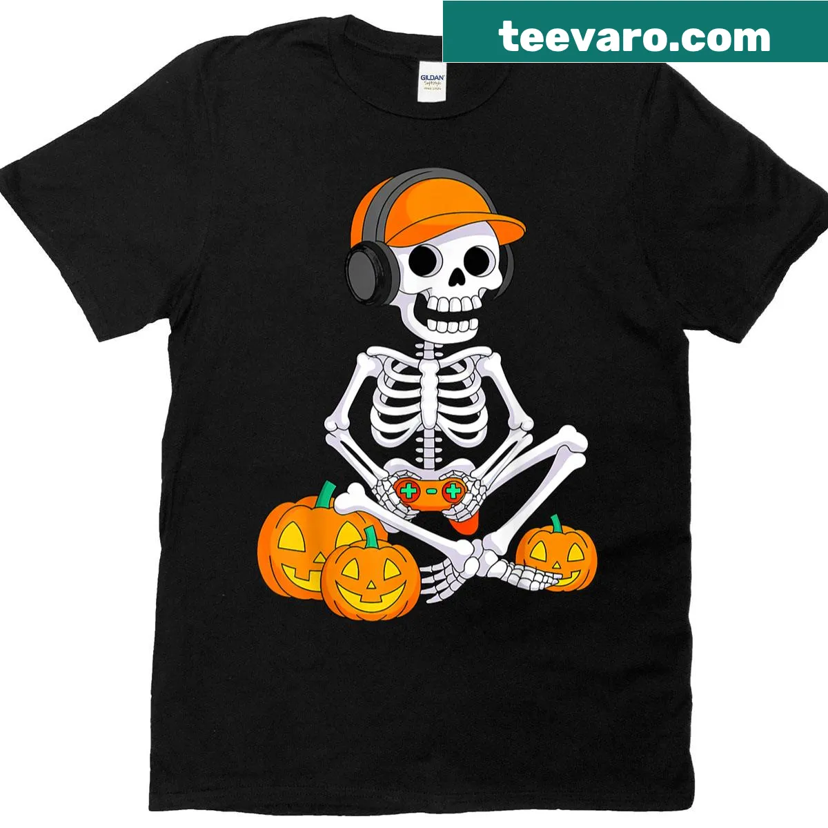 Cartoon skeleton gamer on a Halloween-themed T-shirt — on a men's t-shirt