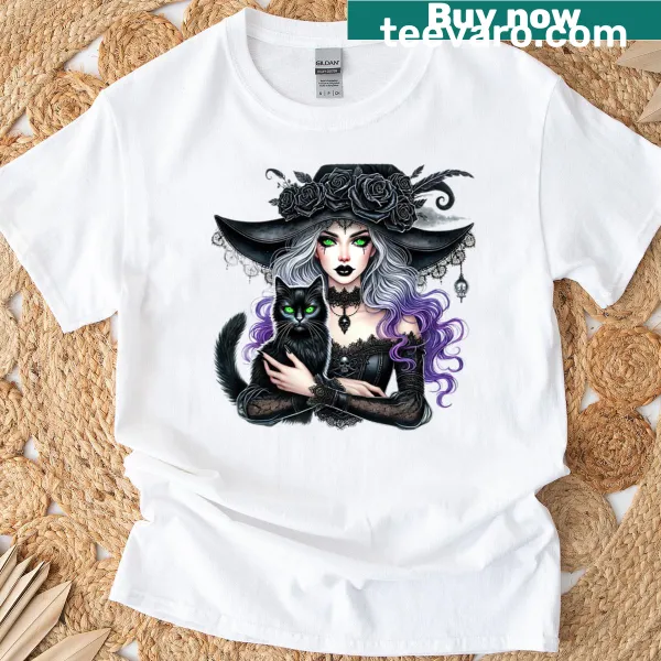 Cartoon witch and black cat graphic Halloween t-shirt.