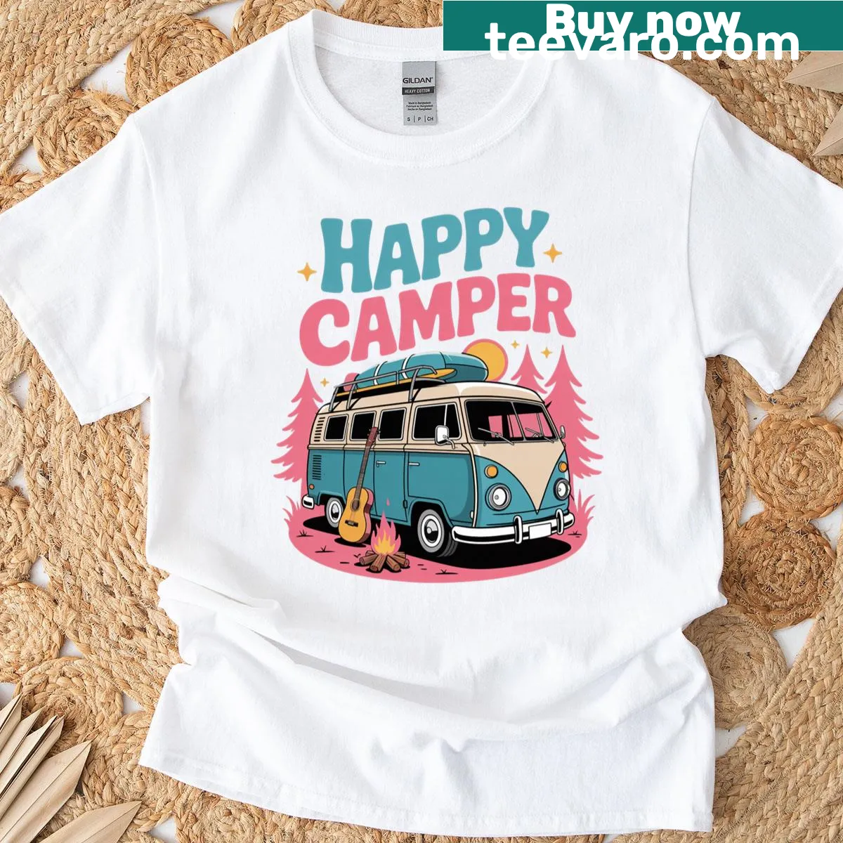 Funny camping t-shirt with retro guitar and camper design — on a men's t-shirt