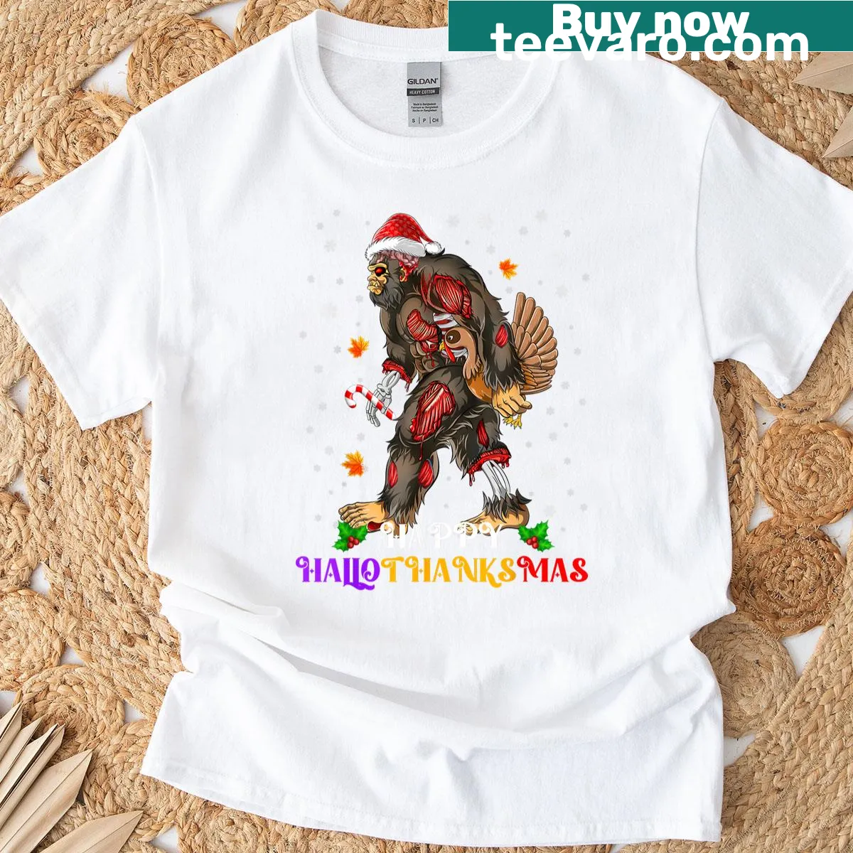 Bigfoot graphic celebrating Halloween, Thanksgiving, and Christmas — on a men's t-shirt
