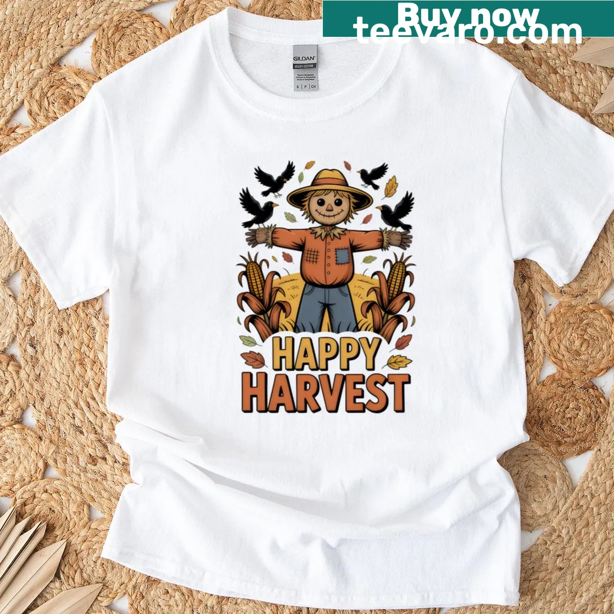 Charming scarecrow illustration on an oversized T-shirt for fall — on a men's t-shirt