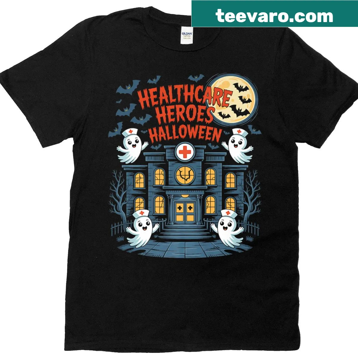 Halloween-themed T-shirt honoring nurses and healthcare heroes — on a men's t-shirt
