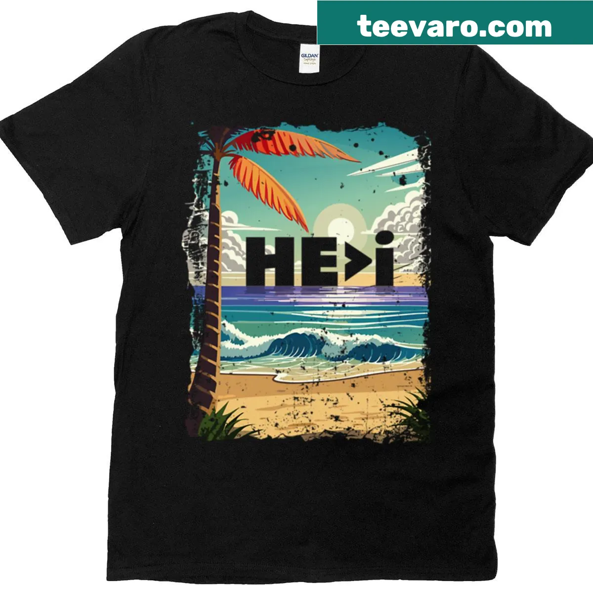 Vintage-style t-shirt with 'Hei' hand-lettered design evoking beach vibes — on a men's t-shirt