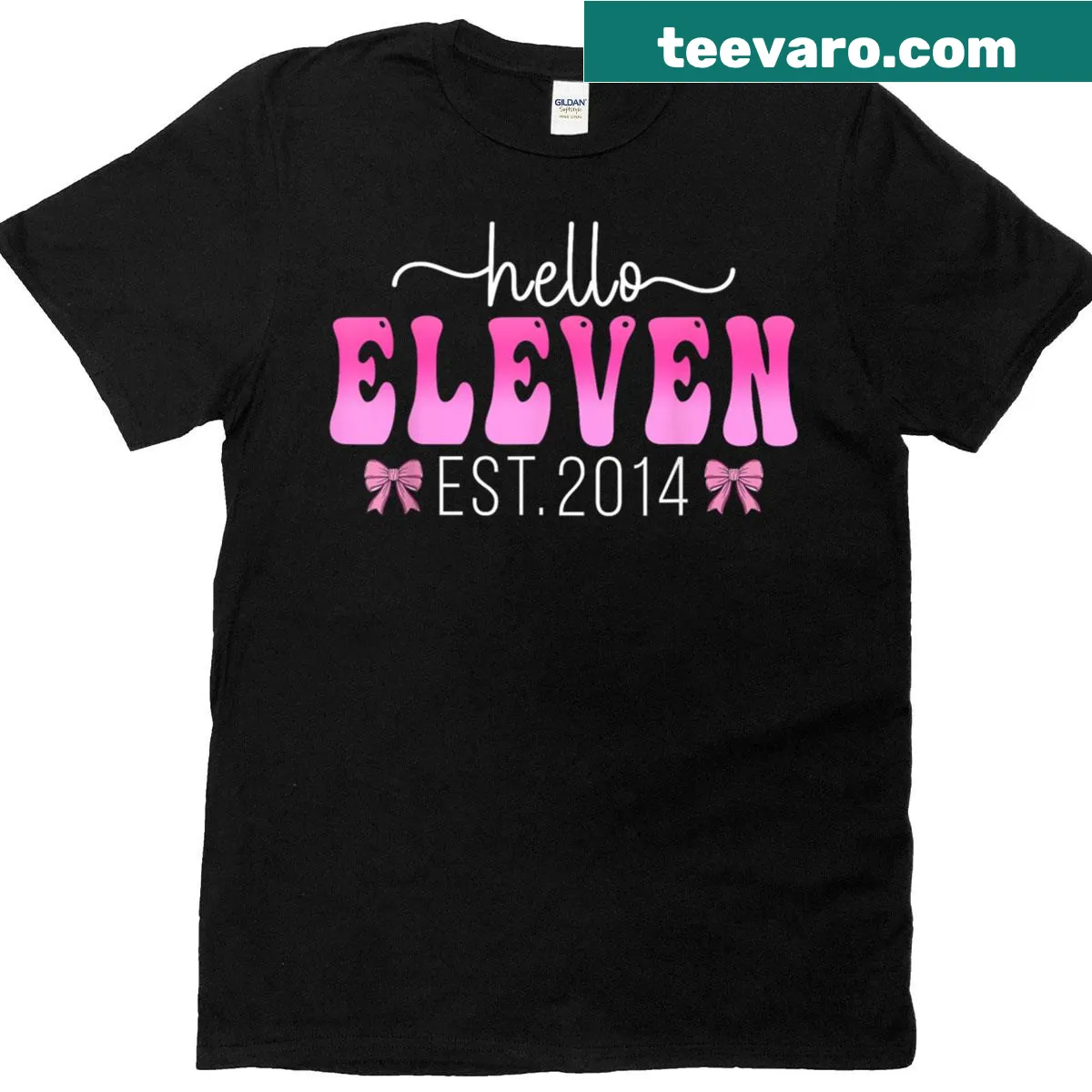 Pink birthday t-shirt with 'Hello Eleven' and a bow graphic — on a men's t-shirt