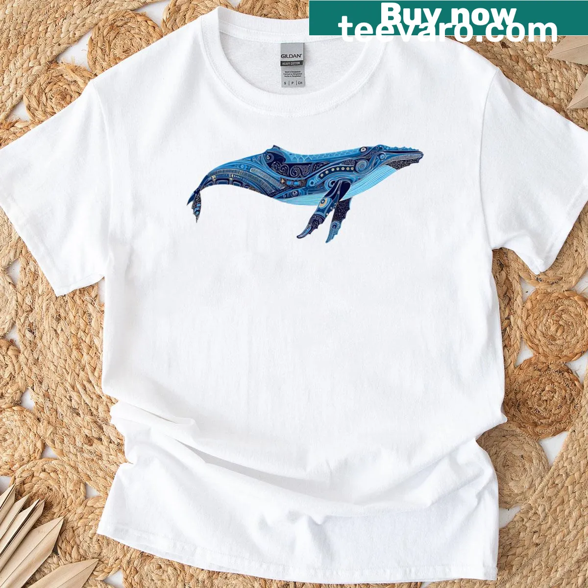 Illustration of a humpback whale in a marine artwork style — on a men's t-shirt